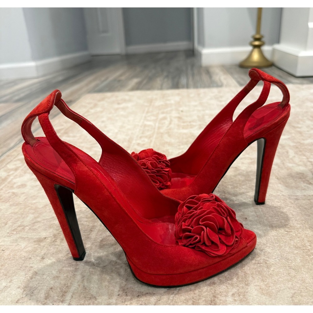 Alexander McQueen Red Suede Rosette Peep-Toe Slingback Platform Heel 38.5
